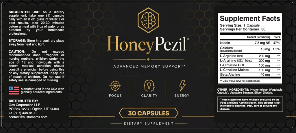 HoneyPezil supplement label and formula